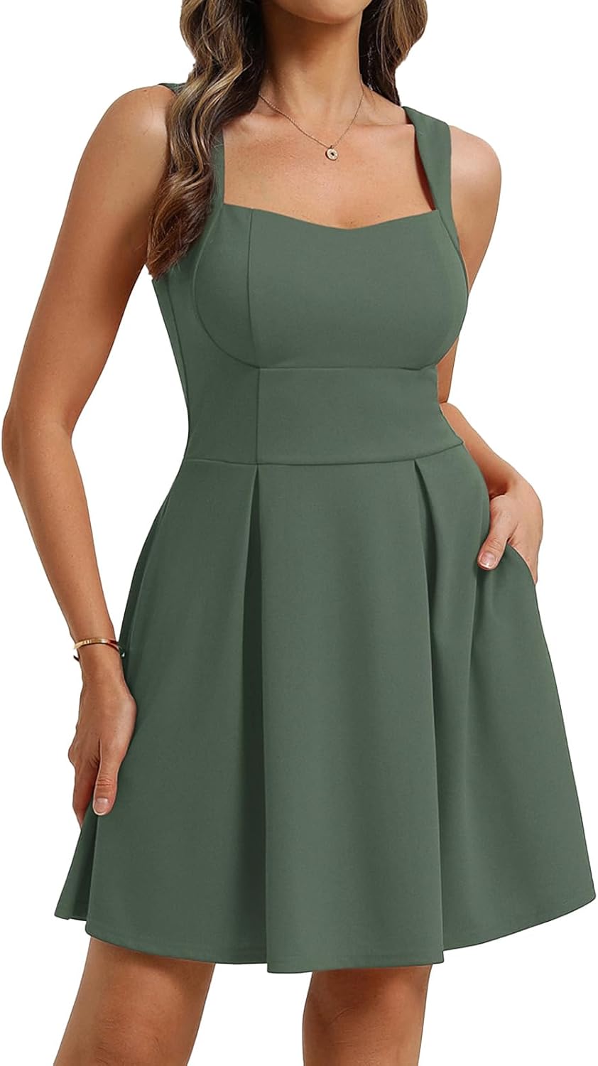 Belle Poque Women's Square Neck A Line Mini Dress with Pockets | Short Cocktail Homecoming Dresses, Semi Formal, Sleeveless, Adjustable Straps, Party, Club, Hoco, Grad, Graduation Dress
