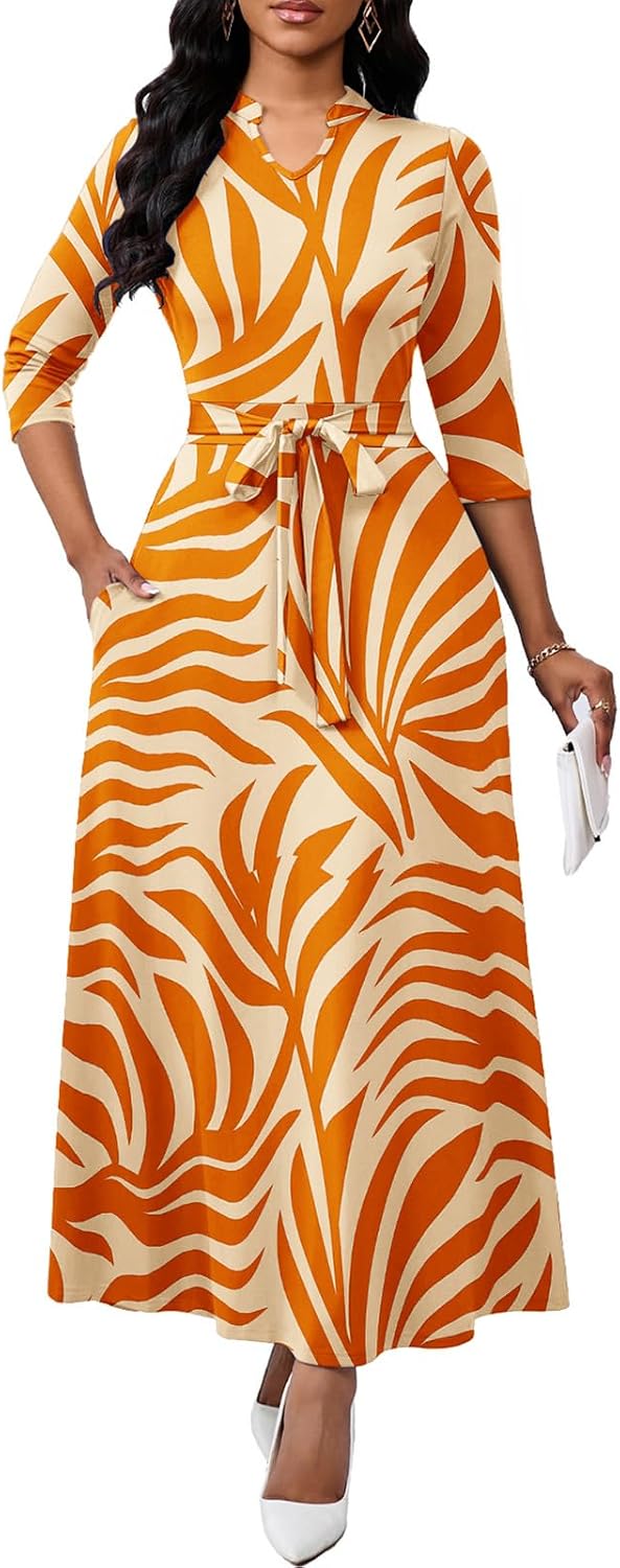 BubFee Maxi Dresses for Women Semi Formal Long Dress 3\/4 Sleeve Casual A-line Church Dresses with Pockets