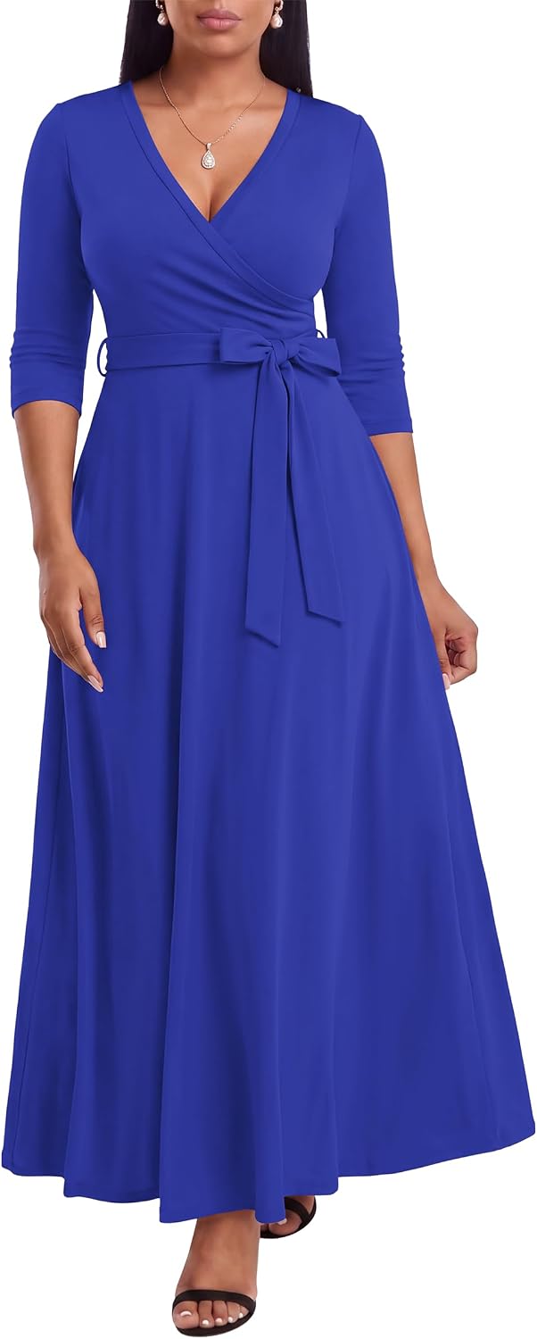 FANDEE Plus Size Maxi Dress for Women - Summer Long Dresses Casual | Women's Curvy Fit Long Dress, Semi\u2011Formal Print Fitted Wrap Dress with Pockets & Belt, 3\/4-Sleeve V-Neck