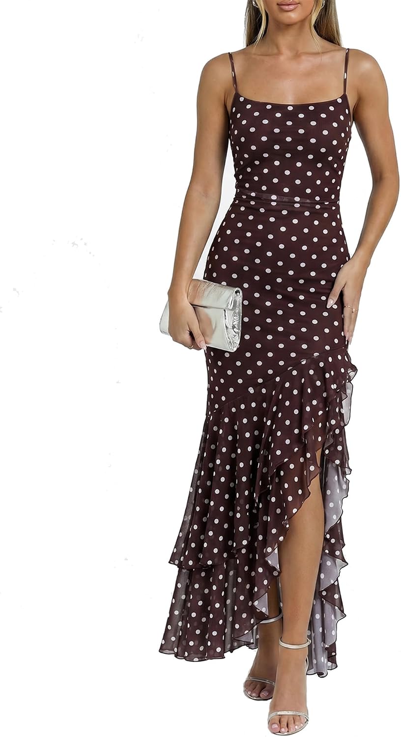 Kaximil Women's Elegant Ruffle Formal Wedding Guest Maxi Dress | Sexy Spaghetti Strap Ruched Bodycon Ruffle Mermaid Cocktail Party Dresses