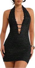 SweatyRocks Women's Sexy Lace Backless Halter Mini Dress Bodycon Club Dress | Lace Floral Sleeveless Open Back Bodycon Cut Out Dresses for Women, Night Out Rave Festival Concert Outfits