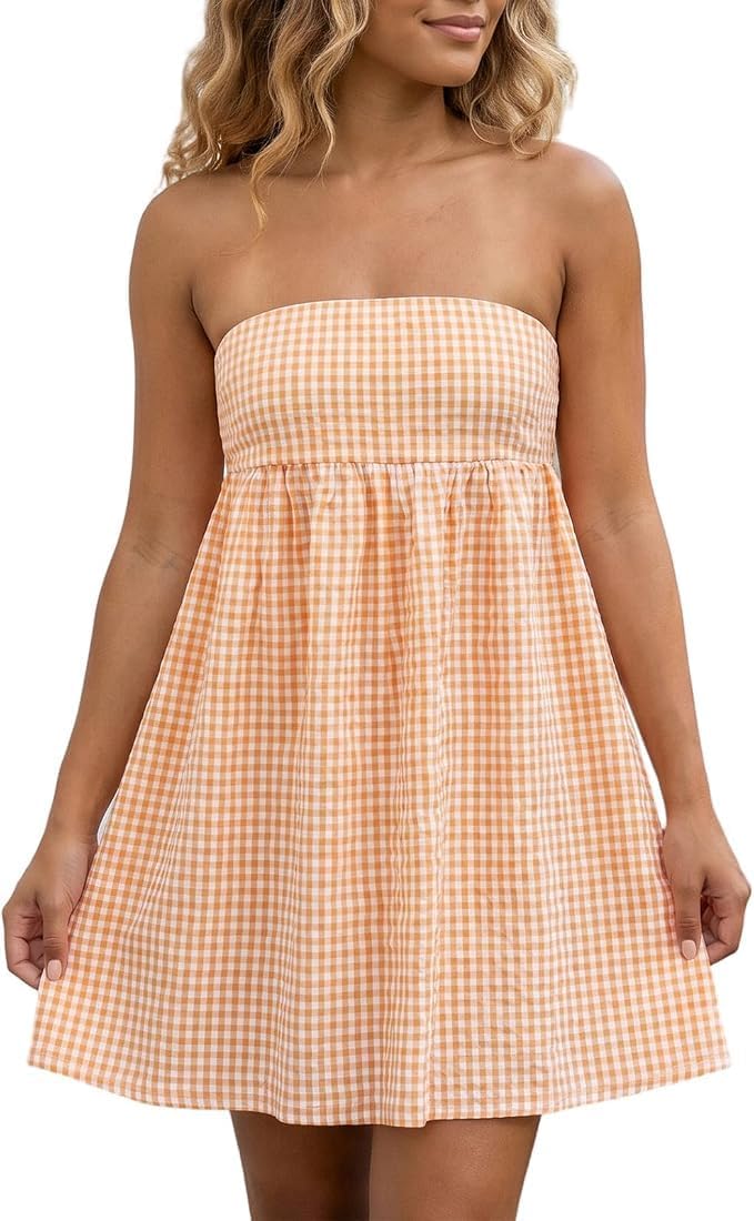 Women Strapless Gingham Tube Top Dress Summer Plaid Tie Back Mini Sundress | Backless Bandeau Dress, Ruffle Trim Flowy A-Line Short Dress, Gingham Babydooll Mini Dress with Pockets for Beach Vacation