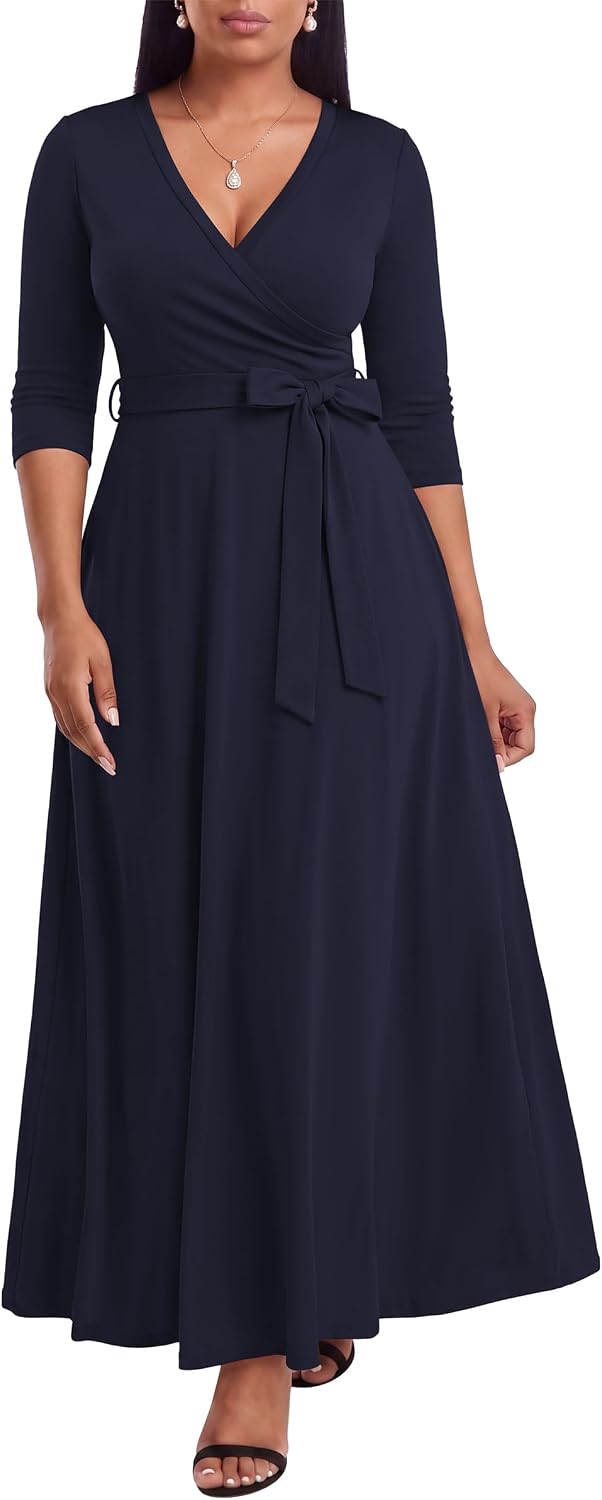 FANDEE Plus Size Maxi Dress for Women - Summer Long Dresses Casual | Women's Curvy Fit Long Dress, Semi\u2011Formal Print Fitted Wrap Dress with Pockets & Belt, 3\/4-Sleeve V-Neck
