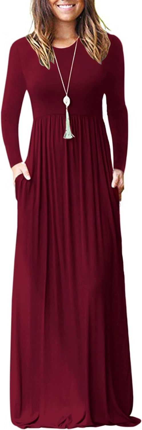 AUSELILY Womens Long Sleeve Maxi Dress Casual Empire Waist with Pockets | Versatile year round long dress for spring, fall, winter, available in floral prints and solids