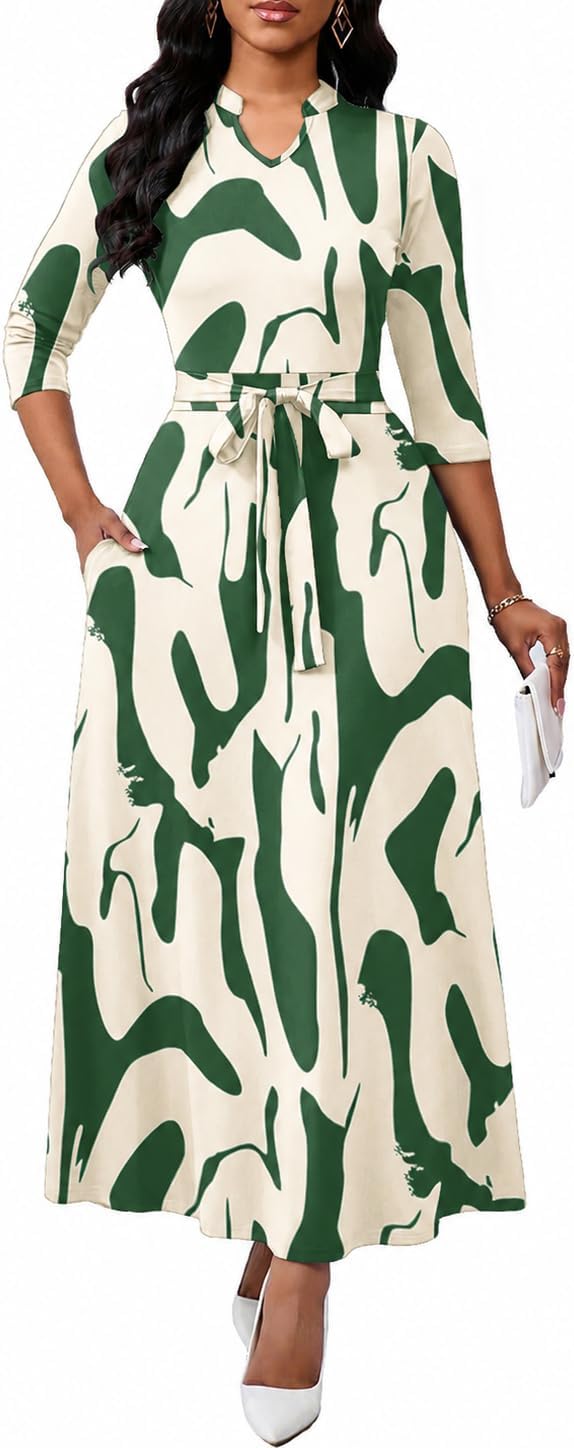 BubFee Maxi Dresses for Women Semi Formal Long Dress 3\/4 Sleeve Casual A-line Church Dresses with Pockets