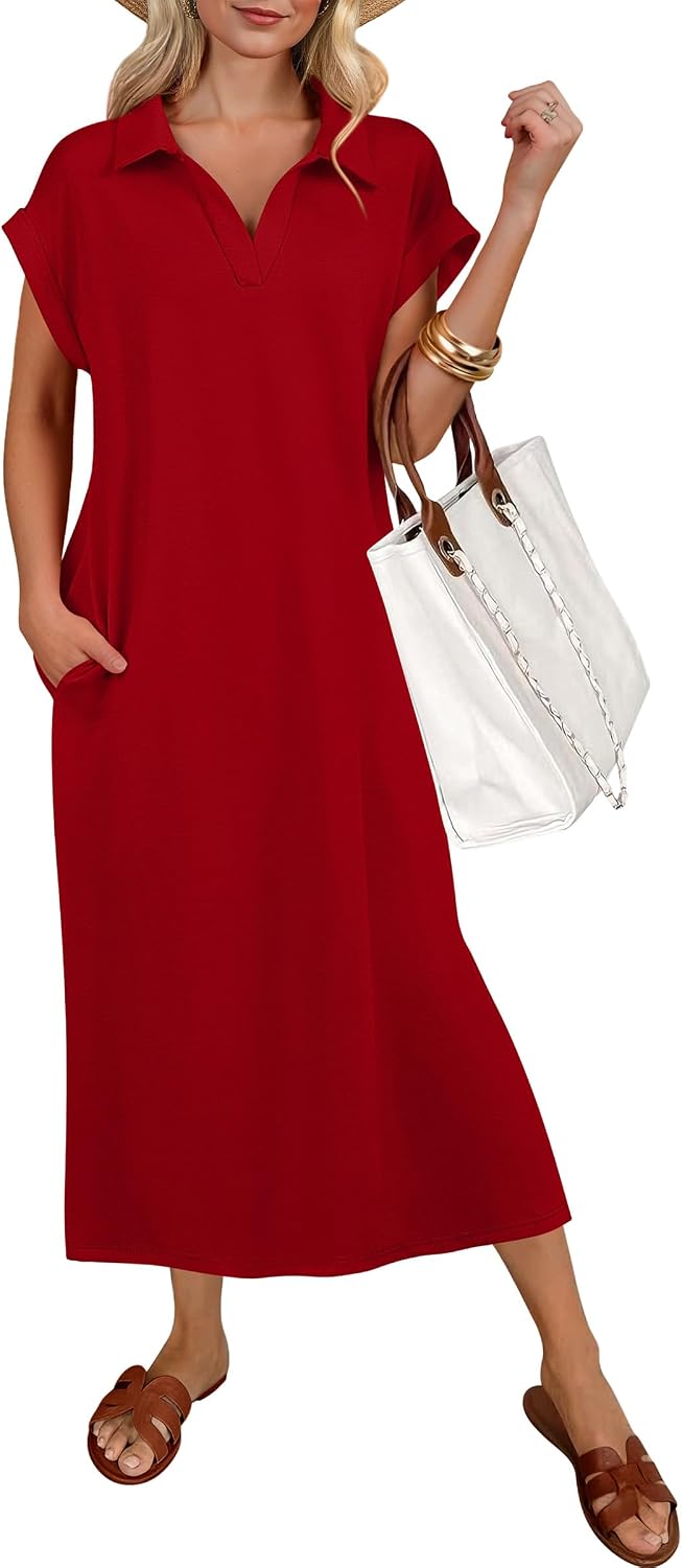 ANRABESS Womens Summer Casual Polo V Neck Dresses | Short Sleeve Split Tshirt Maxi Dress with Pockets, Soft Wrinkle-Free Loose Fit, Beach Vacation Travel Outfit, Summer Clothes