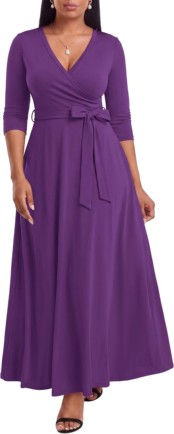 FANDEE Plus Size Maxi Dress for Women - Summer Long Dresses Casual | Women's Curvy Fit Long Dress, Semi\u2011Formal Print Fitted Wrap Dress with Pockets & Belt, 3\/4-Sleeve V-Neck