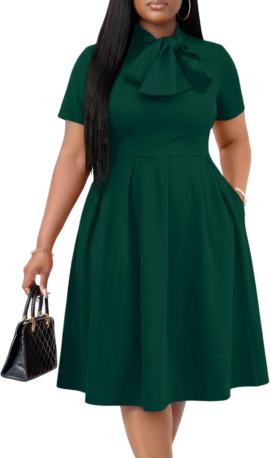 FANDEE Midi Dress for Women Casual Short Sleeve A-line Semi Formal Fit and Flare Dress Classy Tie Neck Work Business Dresses