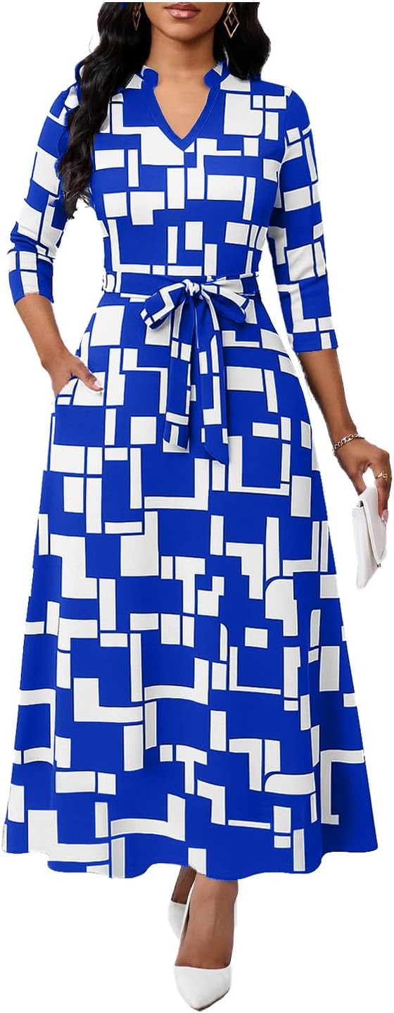 BubFee Maxi Dresses for Women Semi Formal Long Dress 3\/4 Sleeve Casual A-line Church Dresses with Pockets