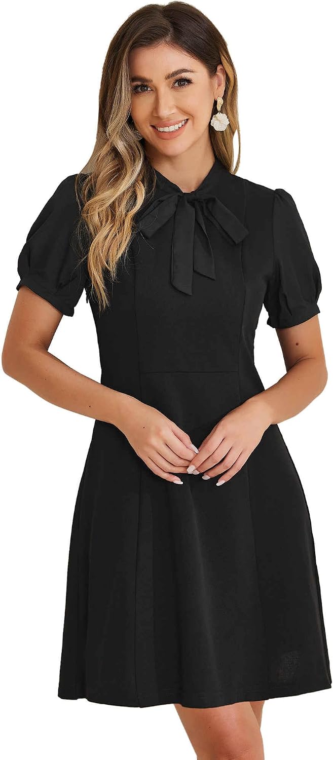 Allegra K Work Dresses for Women's Tie Neck Puff Short Sleeve Dress | Elegant Business Office Dress