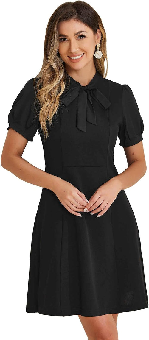 Allegra K Work Dresses for Women's Tie Neck Puff Short Sleeve Dress | Elegant Business Office Dress