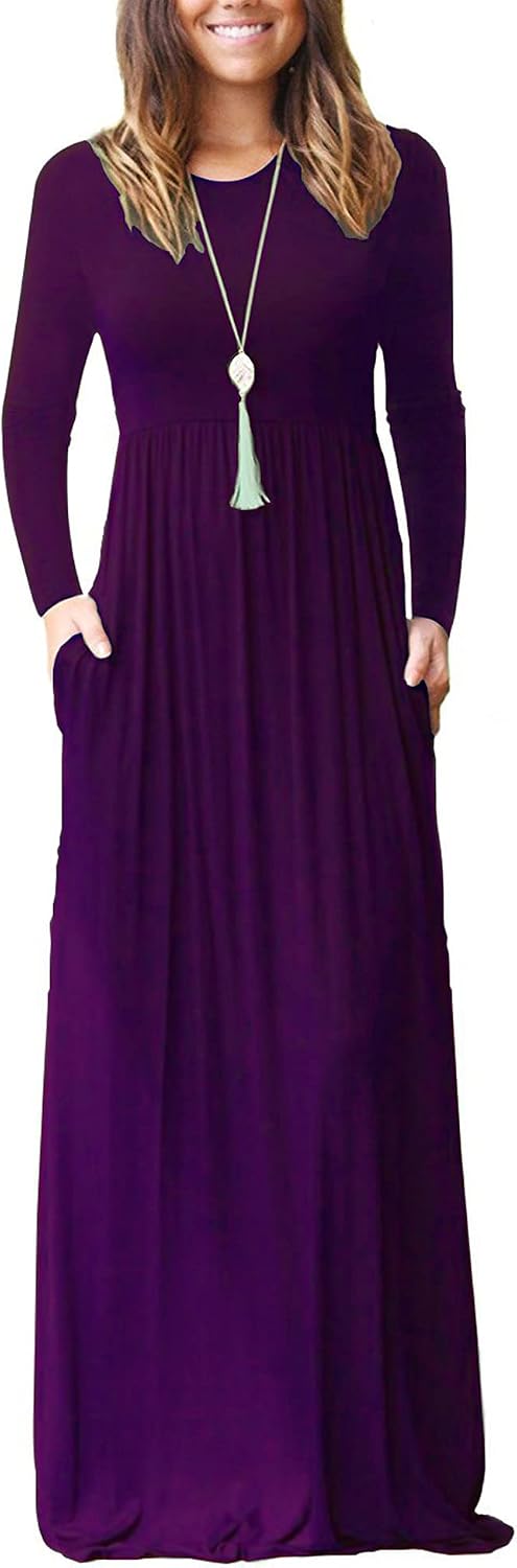AUSELILY Womens Long Sleeve Maxi Dress Casual Empire Waist with Pockets | Versatile year round long dress for spring, fall, winter, available in floral prints and solids