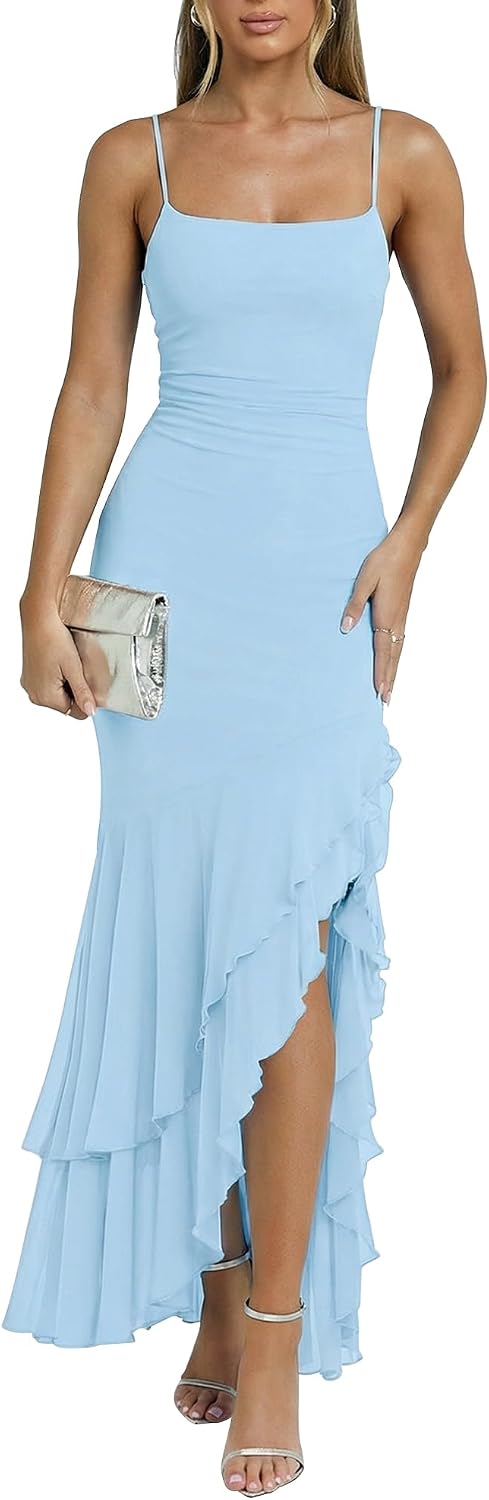 Kaximil Women's Elegant Ruffle Formal Wedding Guest Maxi Dress | Sexy Spaghetti Strap Ruched Bodycon Ruffle Mermaid Cocktail Party Dresses