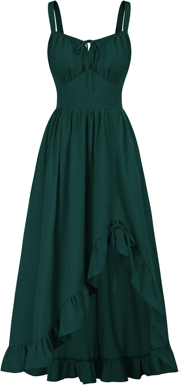 Scarlet Darkness Women Renaissance Corset Dress Flowy Gothic Sundress | Sleeveless Milkmaid Costume, Smocked Back, High-low Ruffle Hem, with Pockets, for Homecoming Ren Faire Pirate Halloween Boho