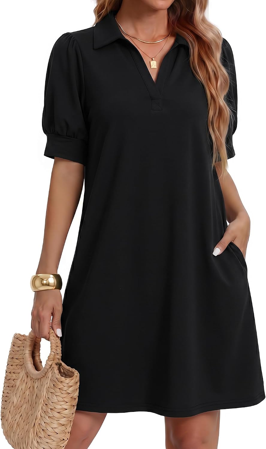 ZESICA Womens Summer Casual Striped T Shirt Mini Dress | Lapel V Neck, Short Sleeve, A-Line, Flowy Dress, Beach Vacation Dress
