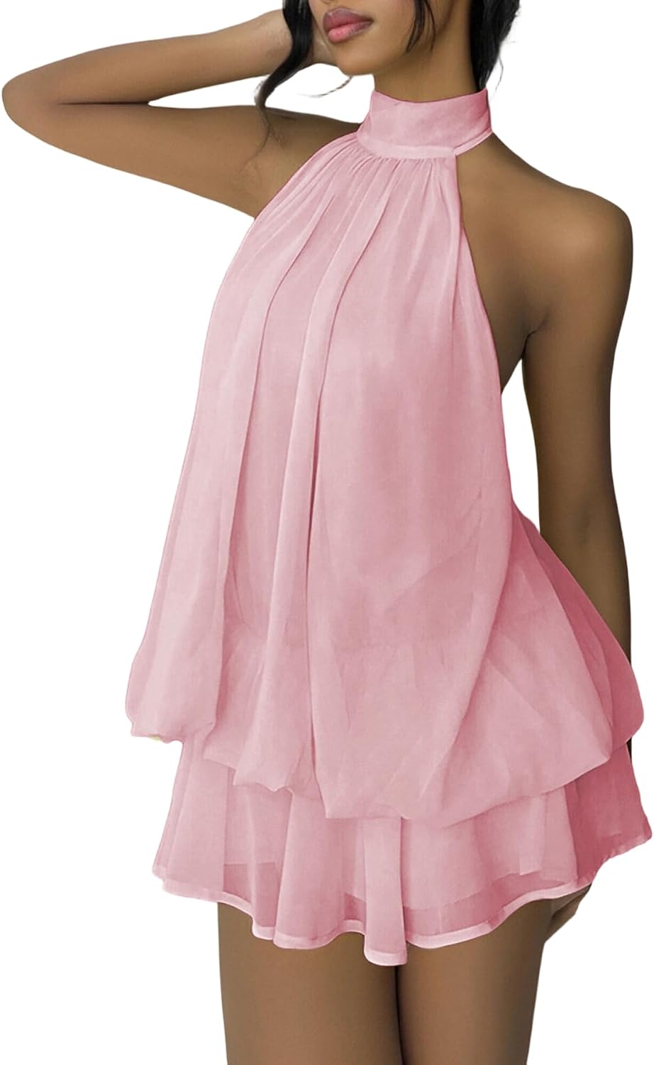 SHINFY Women's Chiffon Halter Flowy Ruffle Backless Birthday Mini Dress | Summer Cute Comfy Drop Waist Layered Going Out Dress Cocktail Wedding Guest Beach Vacation Brunch Dresses