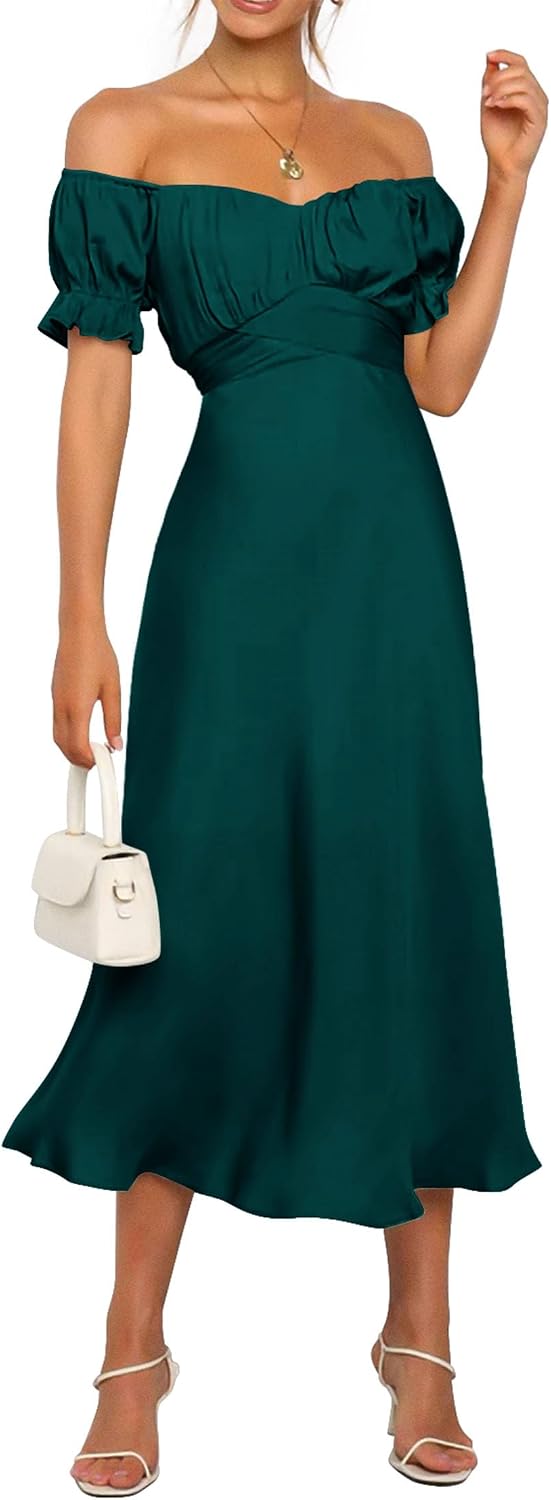 KIRUNDO Women's Satin Summer Wedding Guest Cocktail Dress | 2026 Spring Fall Party Midi Dress, Silky, Elegant Off Shoulder Short Sleeve, Ruffle Mermaid Hem, Wrap Prom Formal Outfits