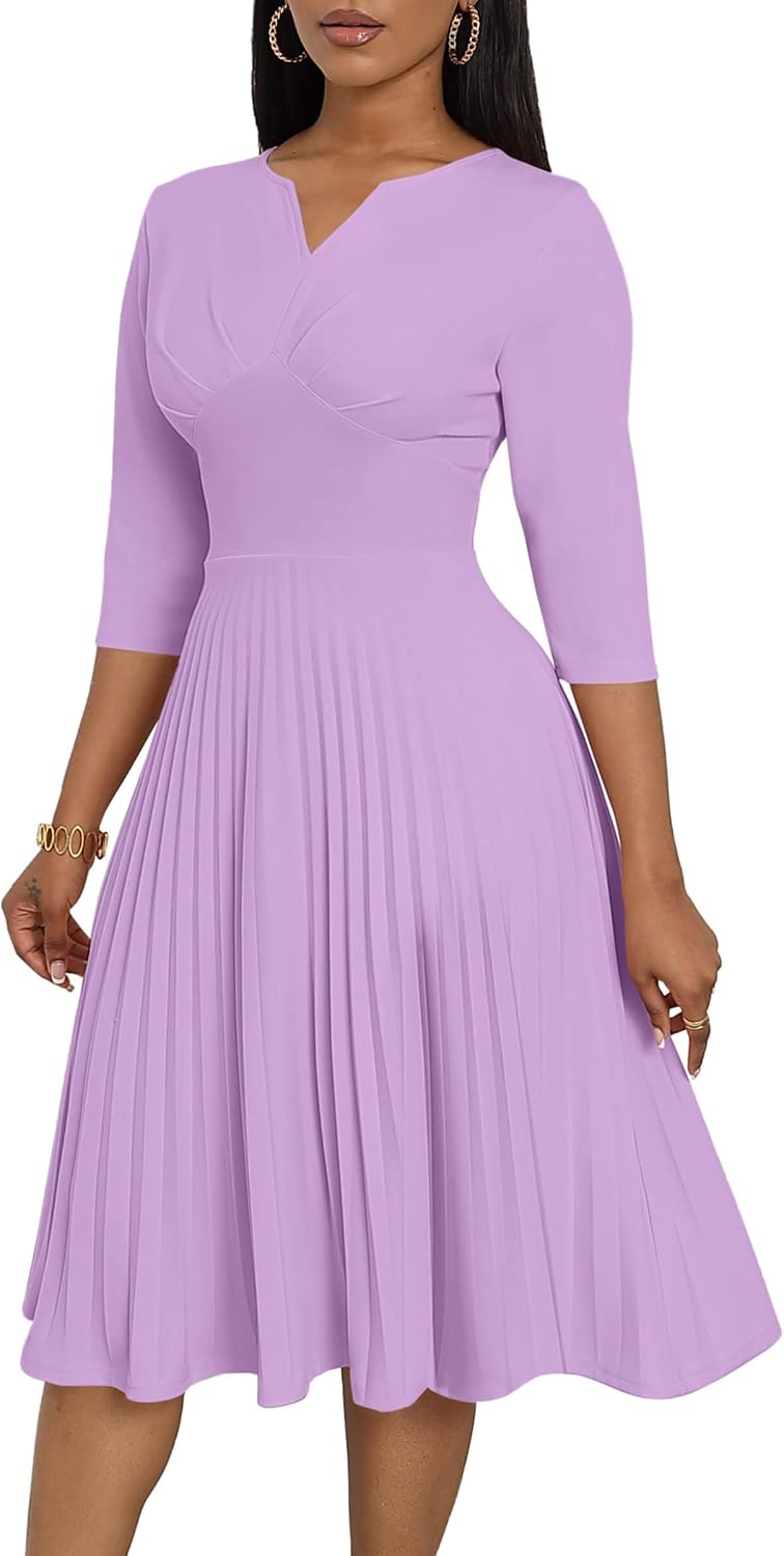 CLOCOR Pleated Midi Dress 3\/4 Sleeve Empire Waist Church Dress with Pockets | V neck back zipper A line fit and flare elegant dress\/ cocktail tea party wedding guest casual bussiness work office dress