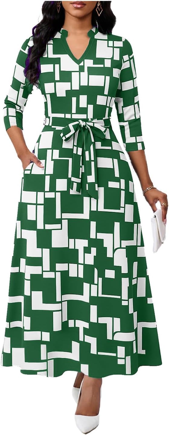 BubFee Maxi Dresses for Women Semi Formal Long Dress 3\/4 Sleeve Casual A-line Church Dresses with Pockets