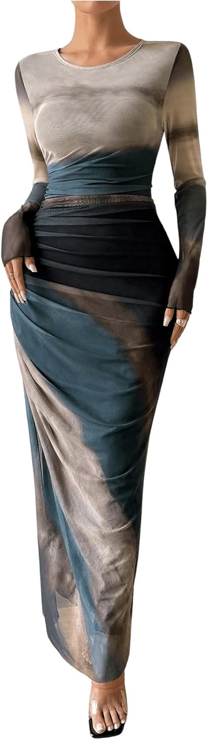 BEAUDRM Women's Fall Wedding Guest Dress Long Sleeve Cocktail Date Night Sexy Y2K Bodycon Ruched Mesh Formal Maxi Dresses
