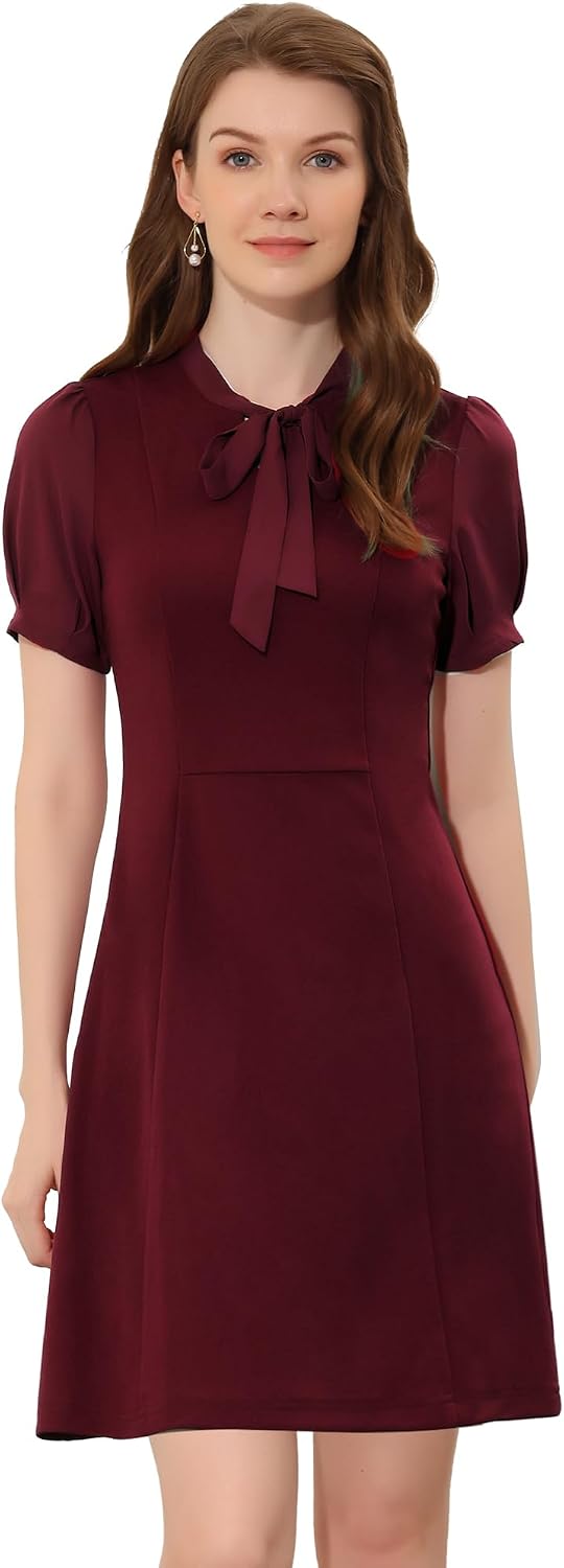 Allegra K Work Dresses for Women's Tie Neck Puff Short Sleeve Dress | Elegant Business Office Dress