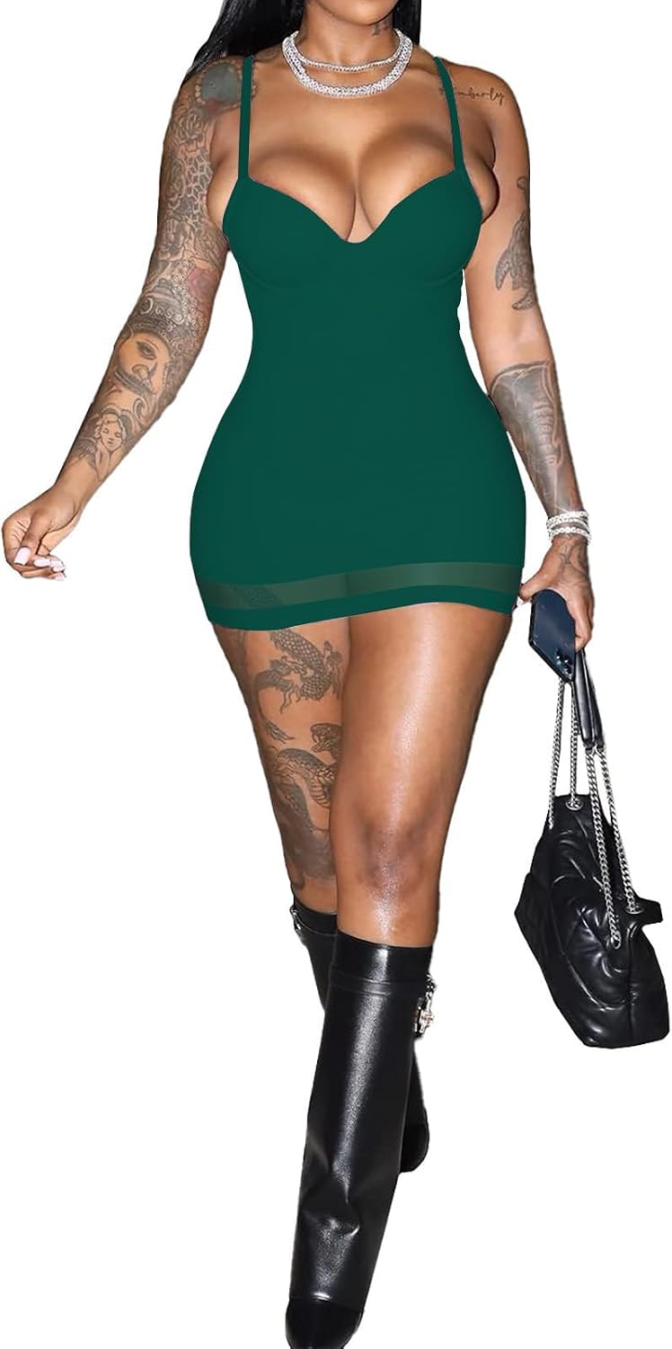 Sexy Bodycon Mini Dress for Women Club Party Night Out | Sweetheart Neck Spaghetti Strap Mesh Hem Short Dresses with Built in Bra