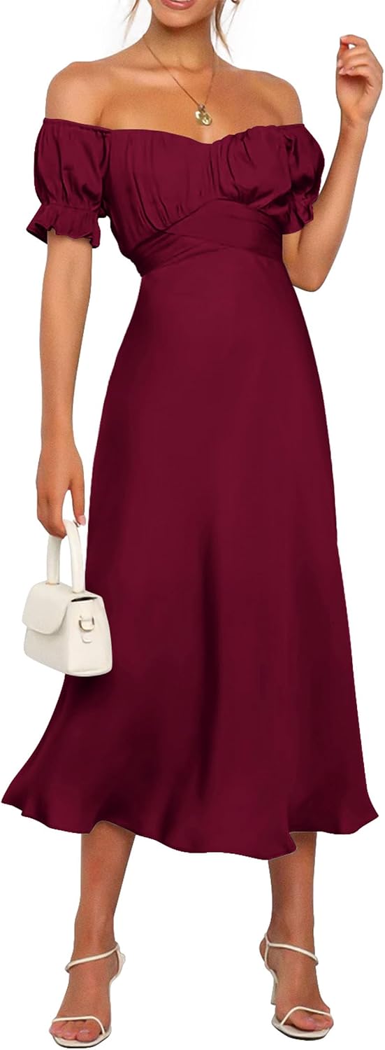 KIRUNDO Women's Satin Summer Wedding Guest Cocktail Dress | 2026 Spring Fall Party Midi Dress, Silky, Elegant Off Shoulder Short Sleeve, Ruffle Mermaid Hem, Wrap Prom Formal Outfits