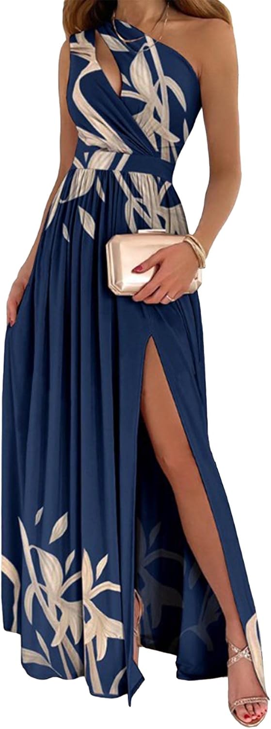 ECDAHICC Women's Sexy One Shoulder Cutout Pleated Maxi Dress Sleeveless High Slit Formal Evening Party Bridesmaid Dresses