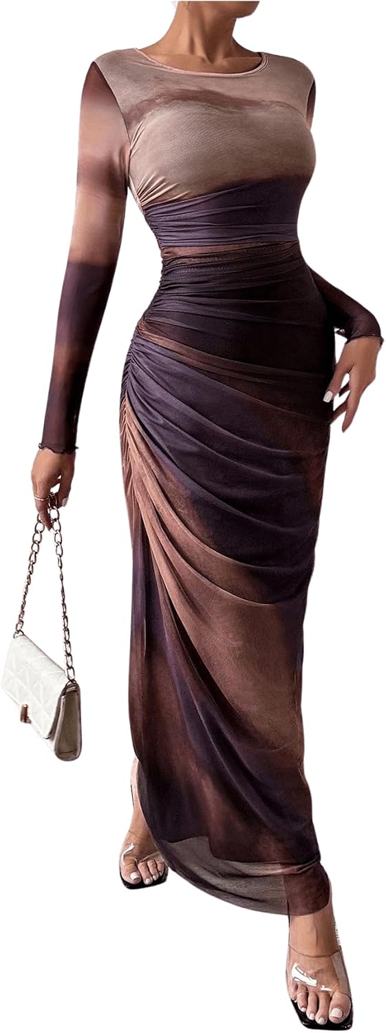 BEAUDRM Women's Fall Wedding Guest Dress Long Sleeve Cocktail Date Night Sexy Y2K Bodycon Ruched Mesh Formal Maxi Dresses