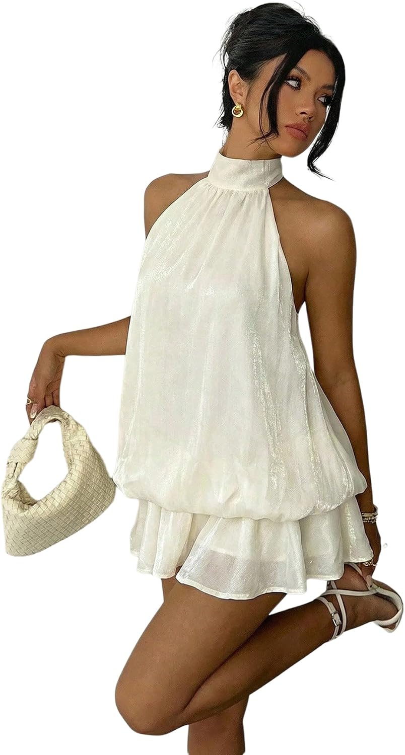 GORGLITTER Women's Halter Mini Dress Chiffon Wedding Guest Brunch Outfits | Ruffle Tiered, Open Back Backless, Cocktail Party Western Short Dress, Sexy Going Out Outfits