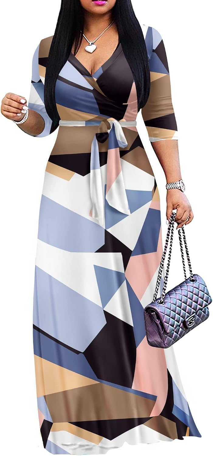 FANDEE Plus Size Maxi Dress for Women - Summer Long Dresses Casual | Women's Curvy Fit Long Dress, Semi\u2011Formal Print Fitted Wrap Dress with Pockets & Belt, 3\/4-Sleeve V-Neck