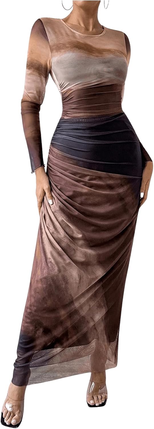 BEAUDRM Women's Fall Wedding Guest Dress Long Sleeve Cocktail Date Night Sexy Y2K Bodycon Ruched Mesh Formal Maxi Dresses