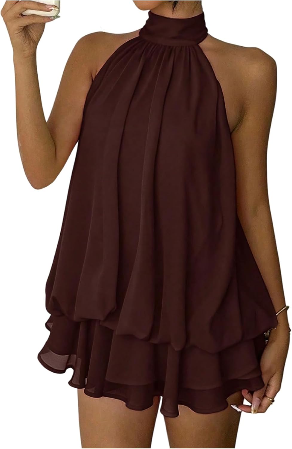 GORGLITTER Women's Halter Mini Dress Chiffon Wedding Guest Brunch Outfits | Ruffle Tiered, Open Back Backless, Cocktail Party Western Short Dress, Sexy Going Out Outfits