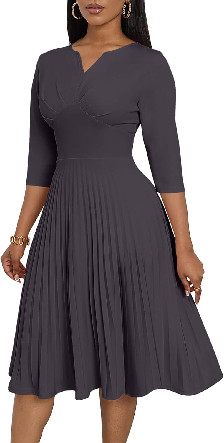 CLOCOR Pleated Midi Dress 3\/4 Sleeve Empire Waist Church Dress with Pockets | V neck back zipper A line fit and flare elegant dress\/ cocktail tea party wedding guest casual bussiness work office dress