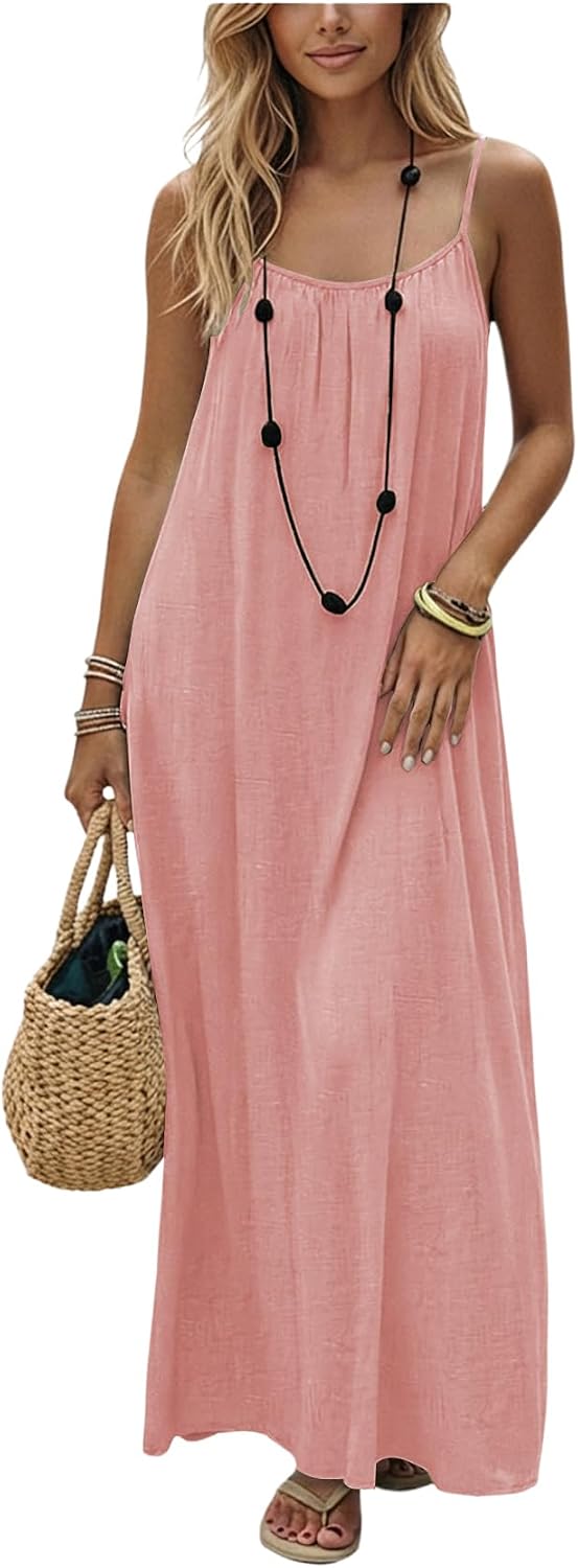 SHENHE Women's Open Back Spaghetti Strap Backless Maxi Dress Flowy Sundress | Backless Maxi Dress,Backless Cami Dress,Linen Dress.Cami Lounge Dress, House Dress