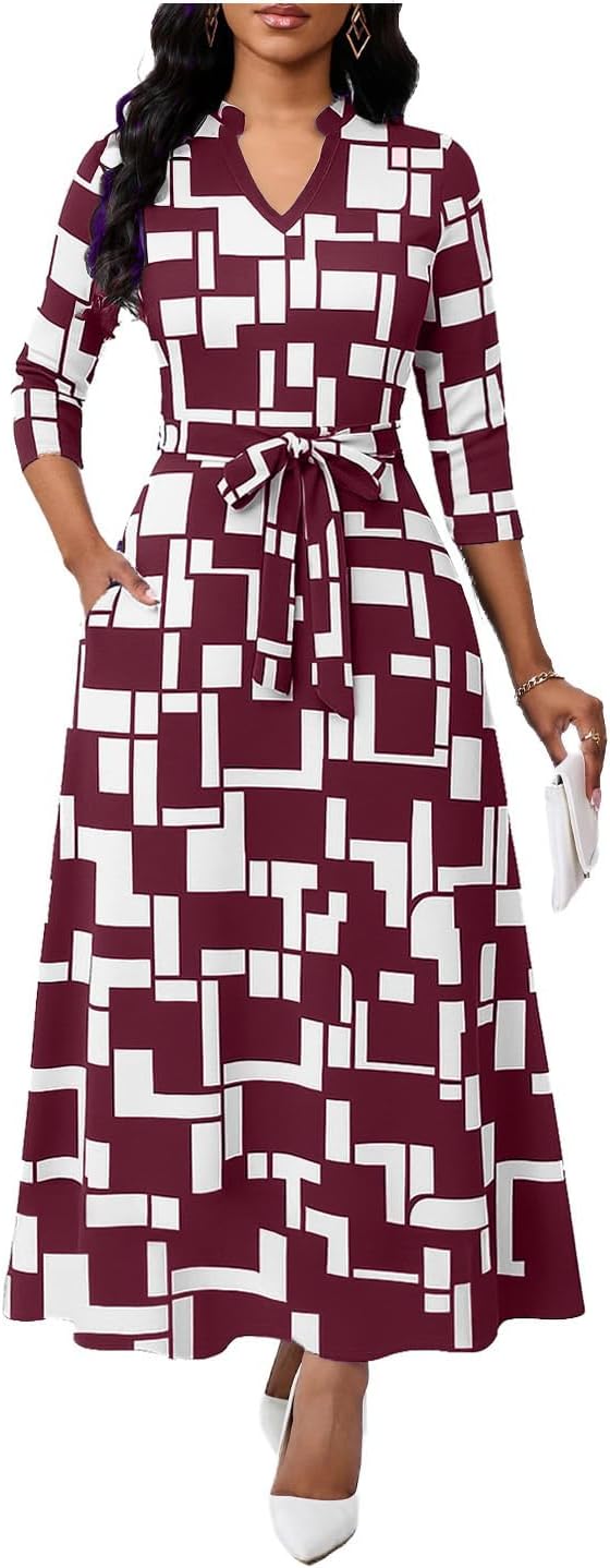BubFee Maxi Dresses for Women Semi Formal Long Dress 3\/4 Sleeve Casual A-line Church Dresses with Pockets