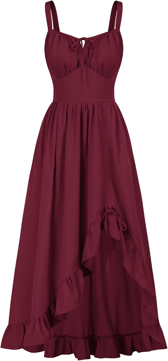 Scarlet Darkness Women Renaissance Corset Dress Flowy Gothic Sundress | Sleeveless Milkmaid Costume, Smocked Back, High-low Ruffle Hem, with Pockets, for Homecoming Ren Faire Pirate Halloween Boho
