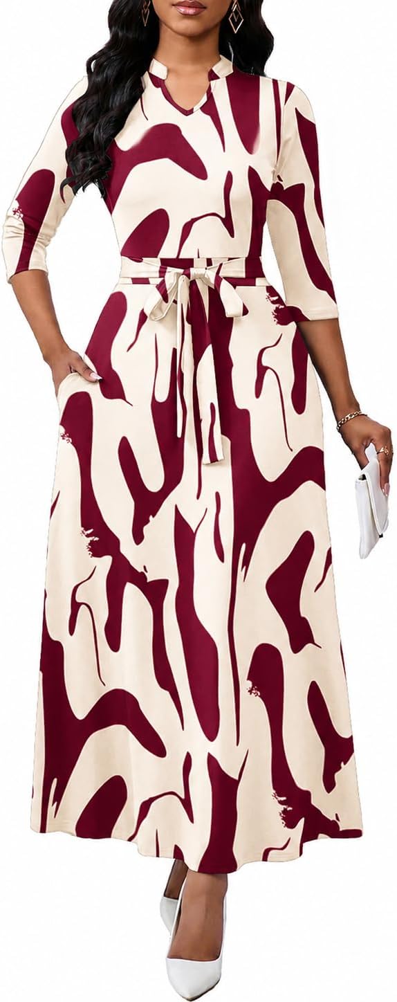 BubFee Maxi Dresses for Women Semi Formal Long Dress 3\/4 Sleeve Casual A-line Church Dresses with Pockets