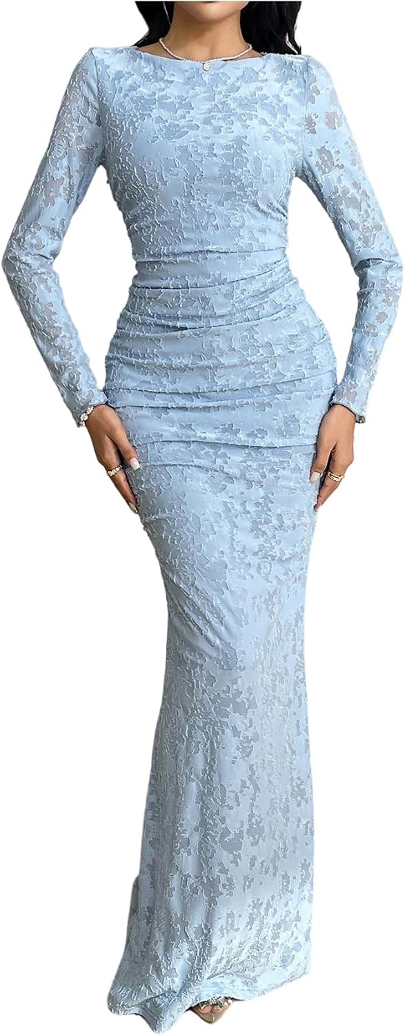 BEAUDRM Women's Fall Wedding Guest Dress Long Sleeve Cocktail Date Night Sexy Y2K Bodycon Ruched Mesh Formal Maxi Dresses