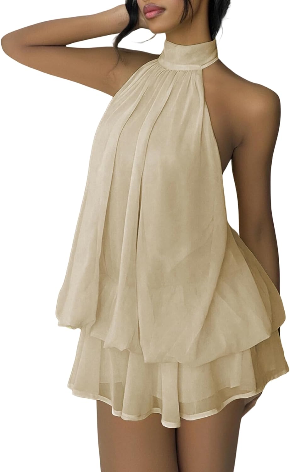 SHINFY Women's Chiffon Halter Flowy Ruffle Backless Birthday Mini Dress | Summer Cute Comfy Drop Waist Layered Going Out Dress Cocktail Wedding Guest Beach Vacation Brunch Dresses