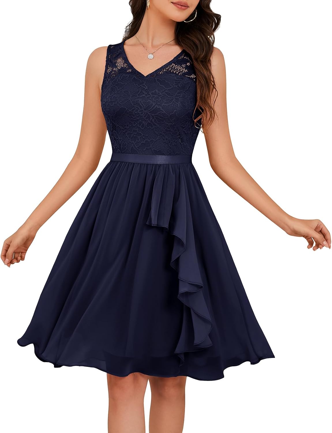 Meetjen Women's Lace Cocktail Party Dresses 2026 Formal Wedding Guest | Handkerchief Hem, V-Neck, Sleeveless, Midi, Fancy, Bridesmaid, Modest, Homecoming Dress