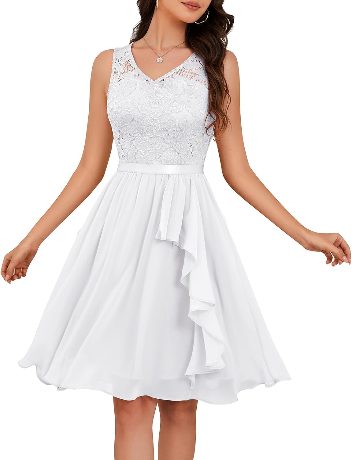 Meetjen Women's Lace Cocktail Party Dresses 2026 Formal Wedding Guest | Handkerchief Hem, V-Neck, Sleeveless, Midi, Fancy, Bridesmaid, Modest, Homecoming Dress