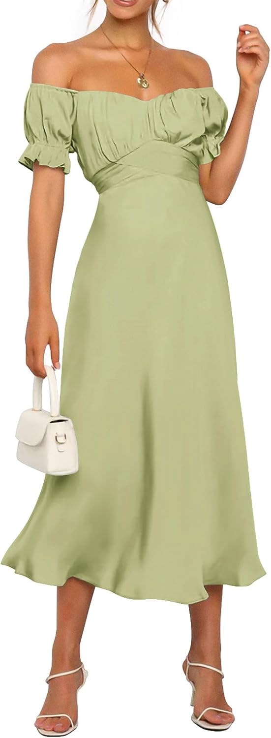 KIRUNDO Women's Satin Summer Wedding Guest Cocktail Dress | 2026 Spring Fall Party Midi Dress, Silky, Elegant Off Shoulder Short Sleeve, Ruffle Mermaid Hem, Wrap Prom Formal Outfits