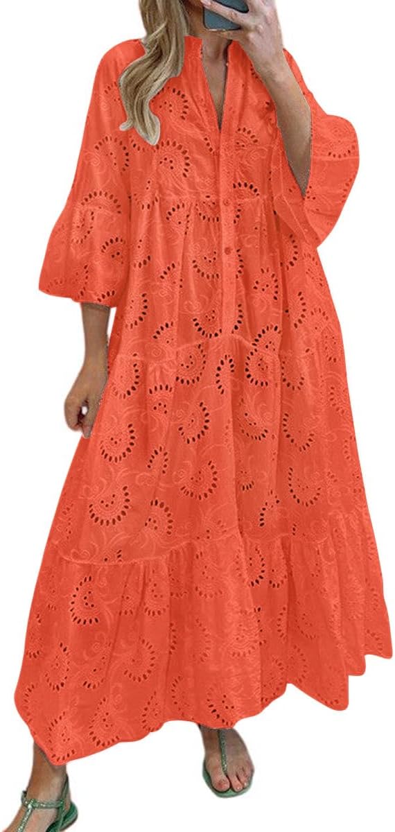 chouyatou Women's 2026 Lace Eyelet Embroidery Maxi Dress V-Neck Trumpet Sleeve Boho Flowy Swing Dress