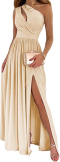 ECDAHICC Women's Sexy One Shoulder Cutout Pleated Maxi Dress Sleeveless High Slit Formal Evening Party Bridesmaid Dresses