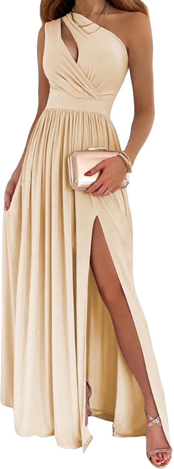 ECDAHICC Women's Sexy One Shoulder Cutout Pleated Maxi Dress Sleeveless High Slit Formal Evening Party Bridesmaid Dresses
