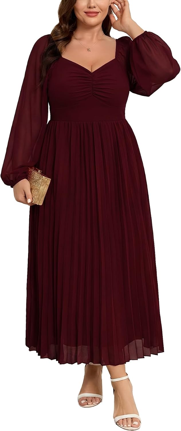 SHESTARR Women's Plus Size Maxi Dress for Wedding Guest Cocktail | Elegant, Long Sleeve, Sweetheart Neckline, Chiffon, Pleated, Smocked, A-Line, Evening Party, Formal Dresses
