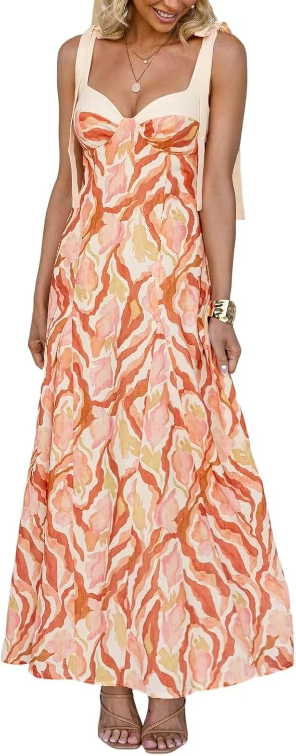 Weafmlia Women's Boho Print Dress Sleeveless Backless Halter High Waist A Line Vacation Beach Long Dress