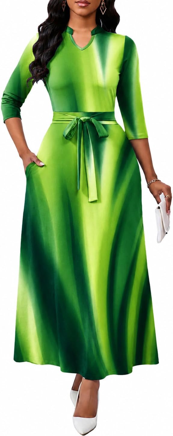 BubFee Maxi Dresses for Women Semi Formal Long Dress 3\/4 Sleeve Casual A-line Church Dresses with Pockets