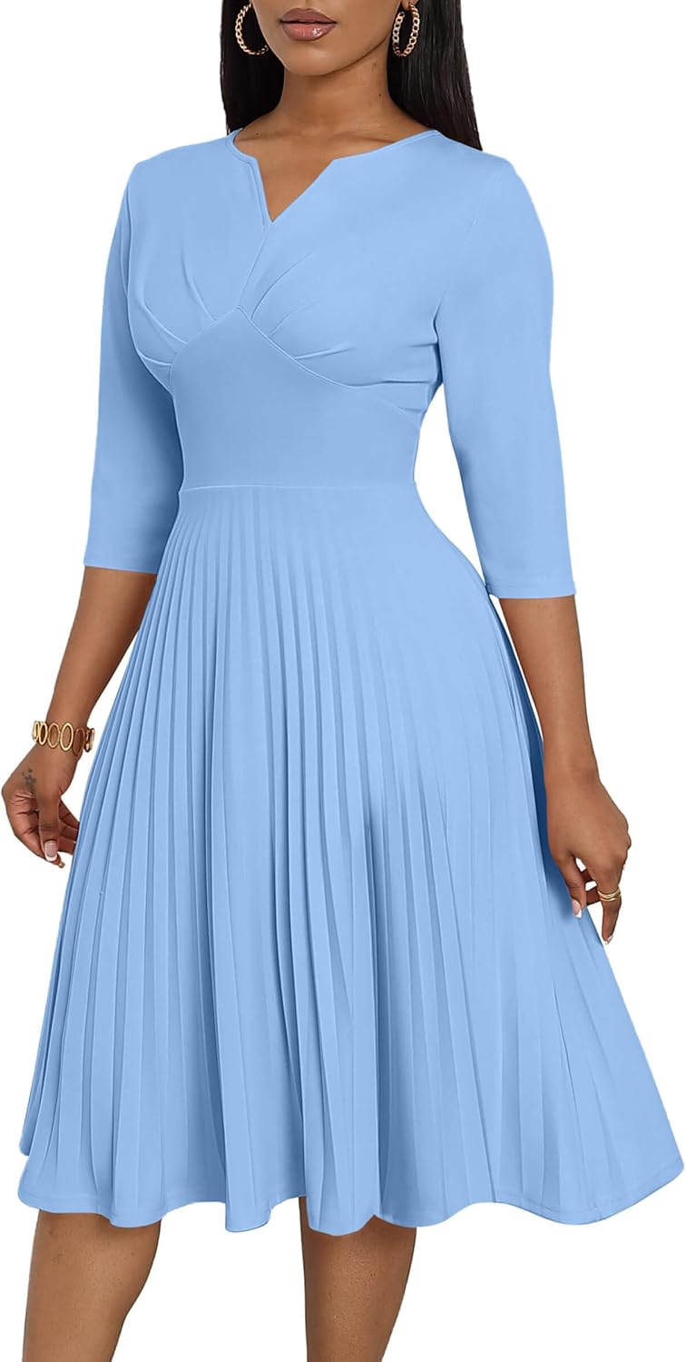 CLOCOR Pleated Midi Dress 3\/4 Sleeve Empire Waist Church Dress with Pockets | V neck back zipper A line fit and flare elegant dress\/ cocktail tea party wedding guest casual bussiness work office dress